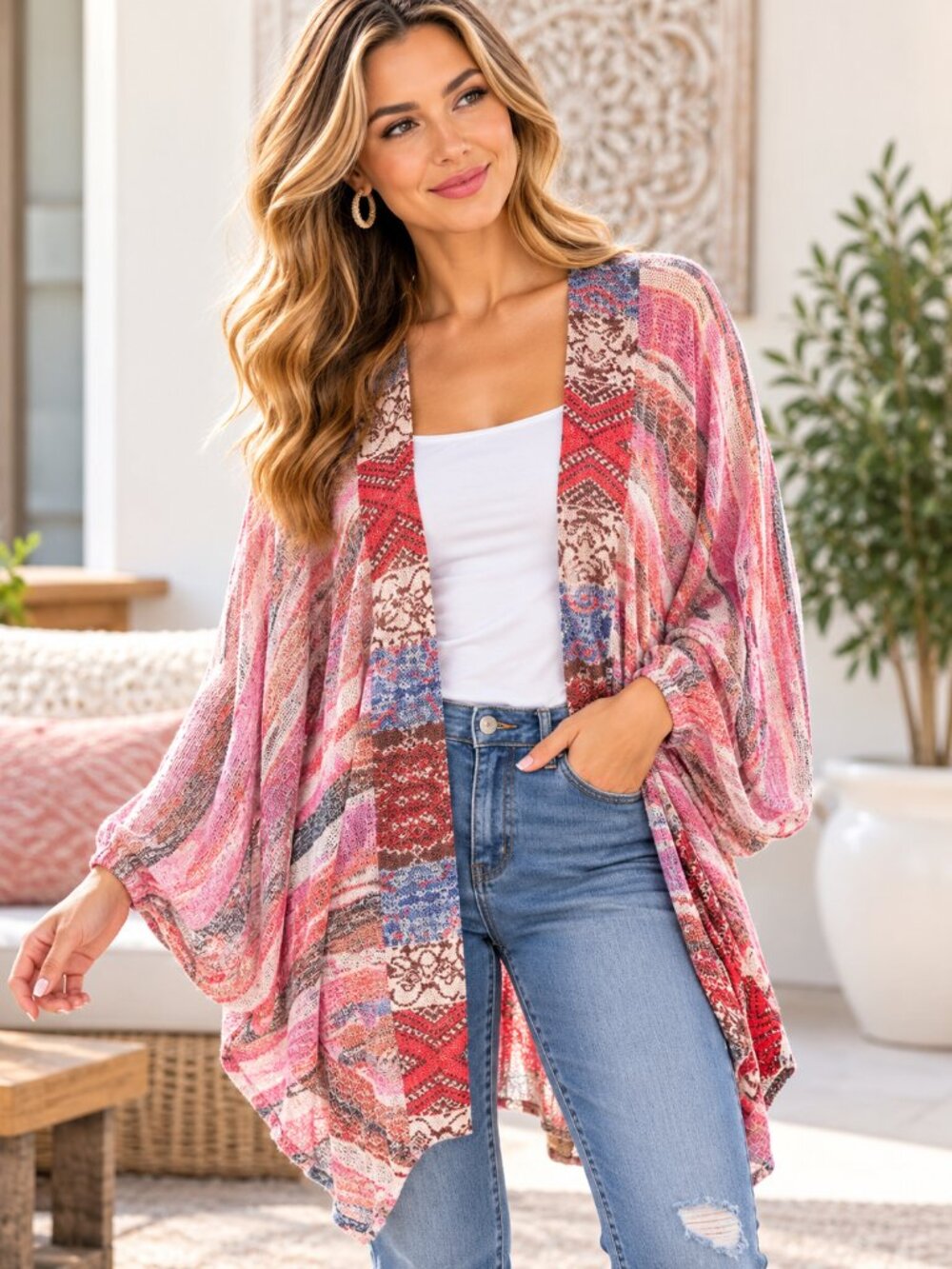 Umgee Multicolor Kimono Cardigan Open Front Butterfly Sleeve M/L
